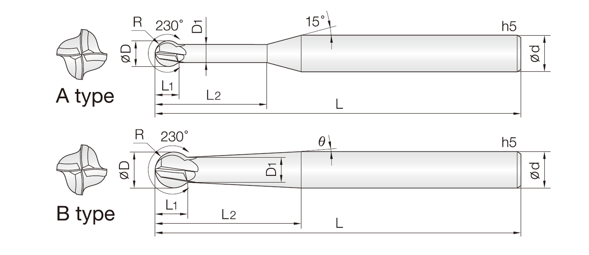 4JJSP (Spherical End Mills for 3D 230° Machining)