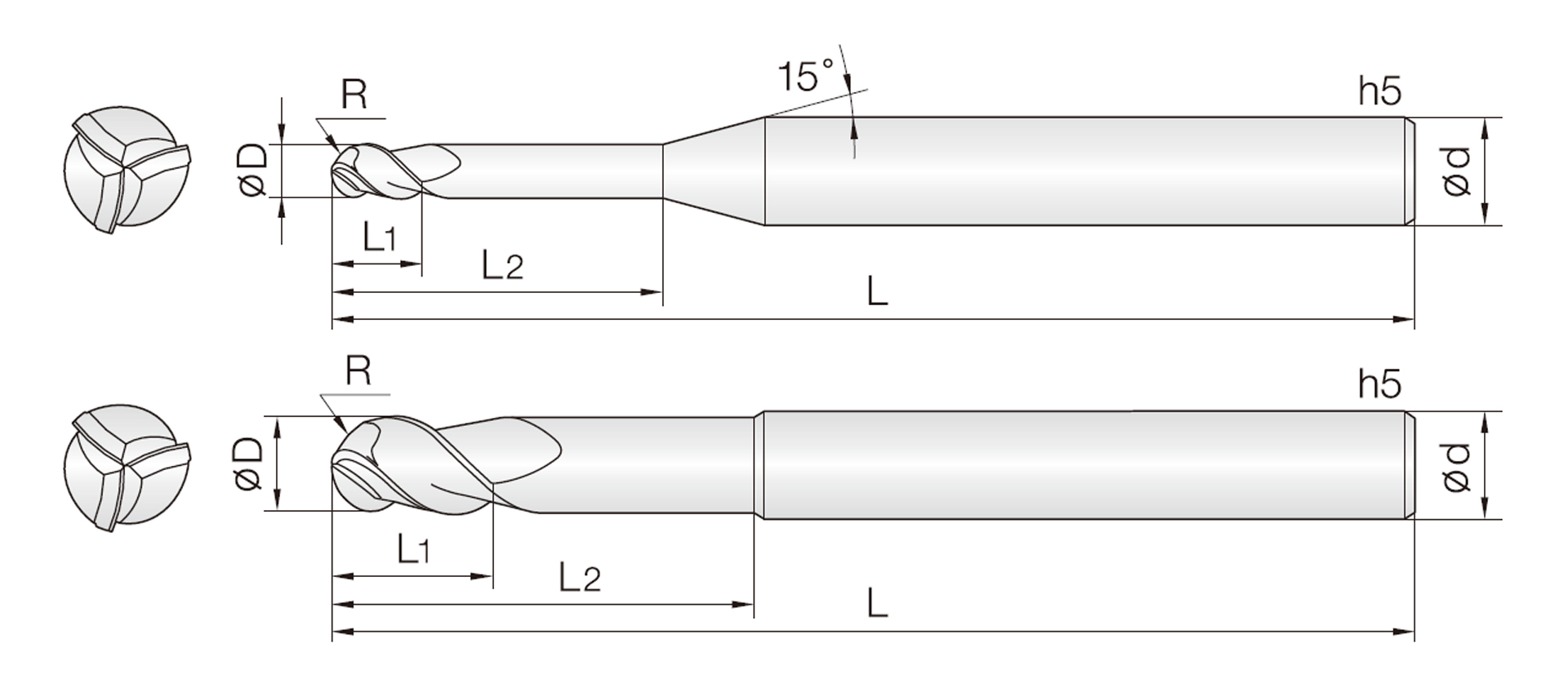 3SURB ( 45° Drall Rippen-Kugelfräser)