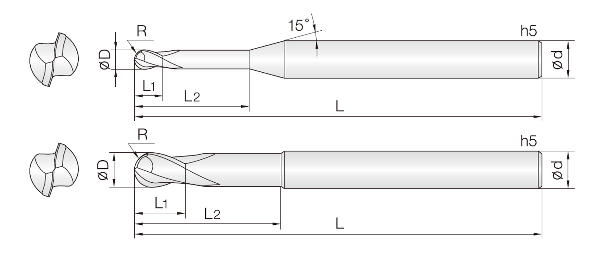 2COB (45° Drall Rippen-Kugelfräser)